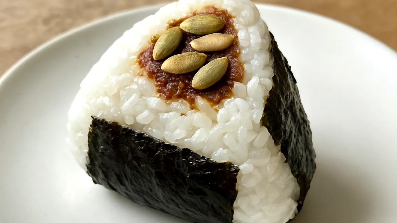 Miso-Onigiri mit Nori und gerösteten Kürbiskernen"